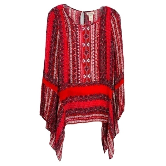 SUNDANCE | SIZE XS | SEMI SHEER EMBROIDERED TAPESTRY RED BLOUSE | BELL SLEEVES - Picture 2 of 10